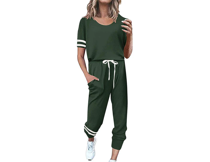 Womens Jogging Suit Leisure Loose Homewear 2-Piece Short Sleeve and Trouser with Pockets-Dark Green