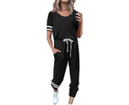 Womens Jogging Suit Leisure Loose Homewear 2-Piece Short Sleeve and Trouser with Pockets-Black