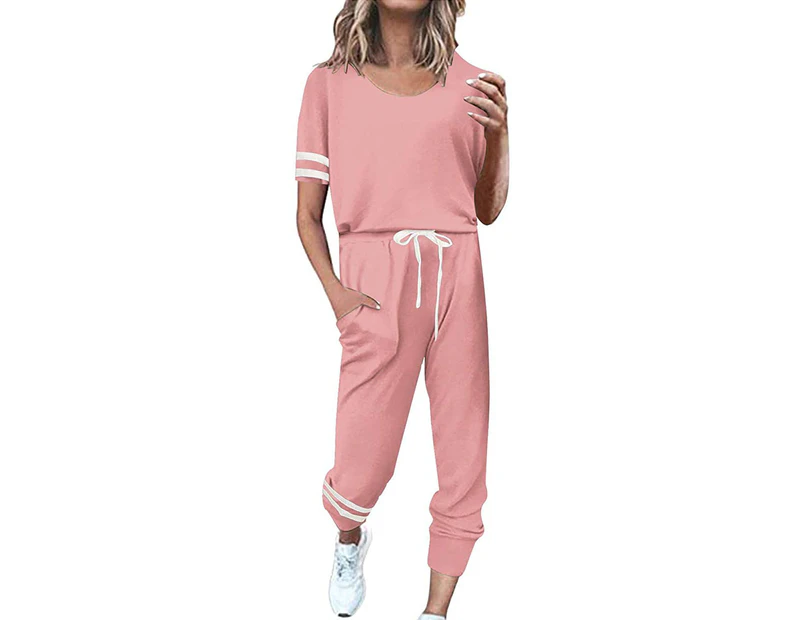 Womens Jogging Suit Leisure Loose Homewear 2-Piece Short Sleeve and Trouser with Pockets-Pink