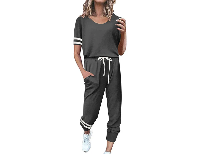 Womens Jogging Suit Leisure Loose Homewear 2-Piece Short Sleeve and Trouser with Pockets-Dark Grey