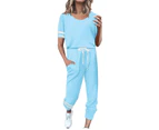 Womens Jogging Suit Leisure Loose Homewear 2-Piece Short Sleeve and Trouser with Pockets-Sky Blue