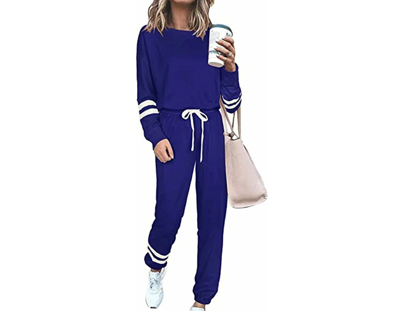 Womens Jogging Suit Leisure Loose Homewear 2-Piece Long Sleeve and Trouser with Pockets-Navy