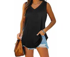 Womens Blouse V-Neck Sleeveless Plain T-Shirt-Black