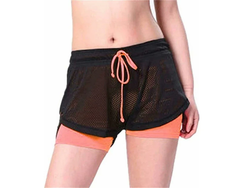 Womens Shorts Fake Two-Piece Quick Drying Breathable Training Fitness Yoga Casual Pants-Light Orange