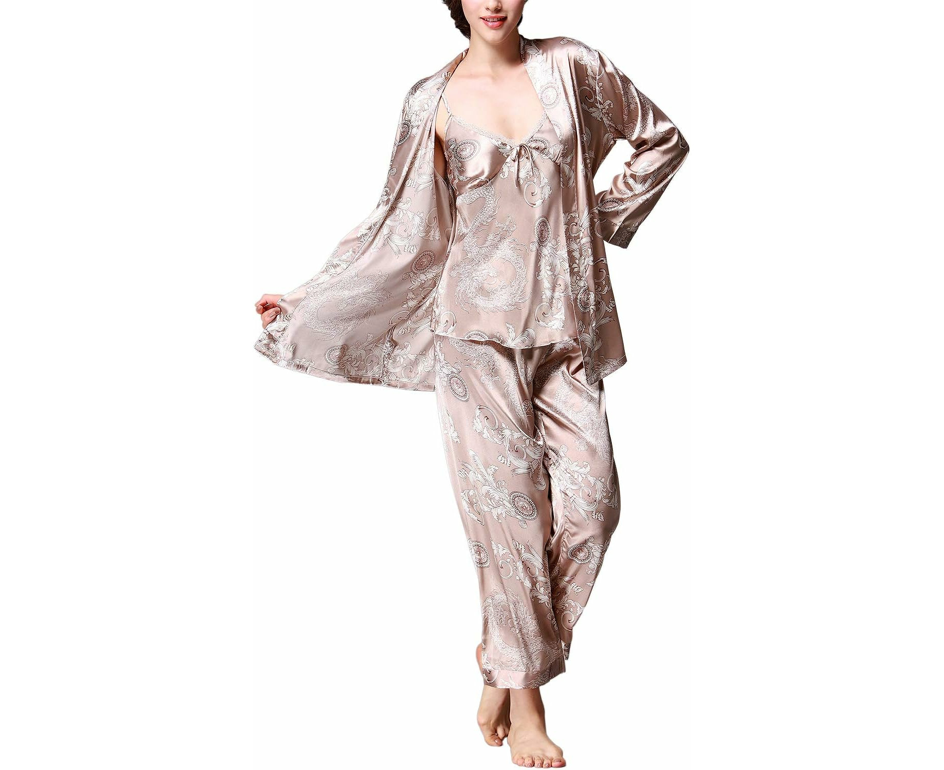 Womens 3-in-1 Pajamas Silk Three-Piece Suit Pajamas with Belt Pajama ...