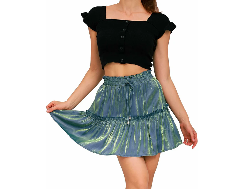 Women's Summer High Waist A-Line Pleated Beach Mini Skirt-Green
