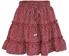 Women's Summer Flowers Polka Dot High Waist A-Line Pleated Beach Mini Skirt-RedB