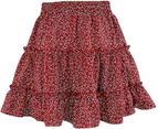 Women's Summer Flowers Polka Dot High Waist A-Line Pleated Beach Mini Skirt-RedB