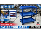 Blue 3-Tier Tool Cart Trolley Toolbox Workshop Garage Storage 150KG Organizer