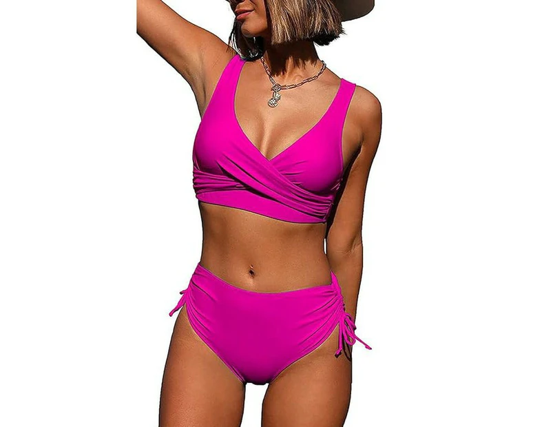 Women's High Waisted Bikini Twist Front Tie Back 2 Piece Swimsuits-Pink