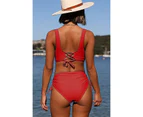 Women's High Waisted Bikini Twist Front Tie Back 2 Piece Swimsuits-Red