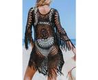 Womens Cover Up Crochet Hollow Out Tassel Swimsuit - Black