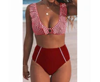 Womens Bikini High Waist Pleated Floral Print Two Piece Suit - Red