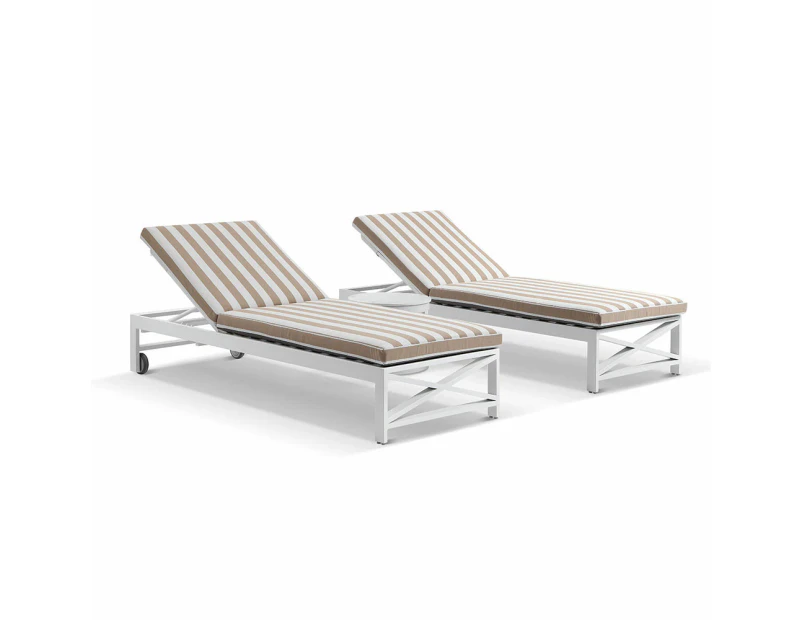 Outdoor Kansas Outdoor Aluminium Sun Lounge Set On Wheels In Sunbrella With Hugo Side Table - Outdoor Aluminium Lounges - White Aluminium/Sunbrella Maxim Heather Beige Cushions