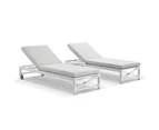 Outdoor Kansas Outdoor Aluminium Sun Lounge Set On Wheels In Sunbrella With Hugo Side Table - Outdoor Aluminium Lounges - White Aluminium/Sunbrella Maxim Heather Beige Cushions