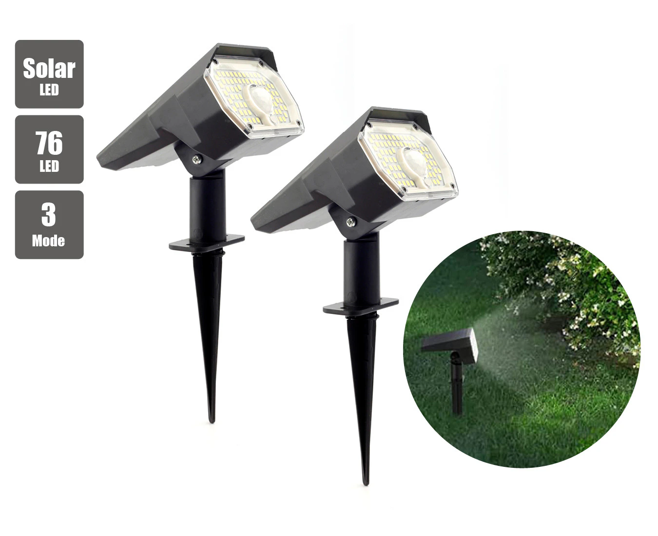 2pk 76 LED Solar Lights Garden Lawn (Sydney Stock) Outdoor 2-in-1 Motion Sensor Lights Landscape SpotLights Waterproof