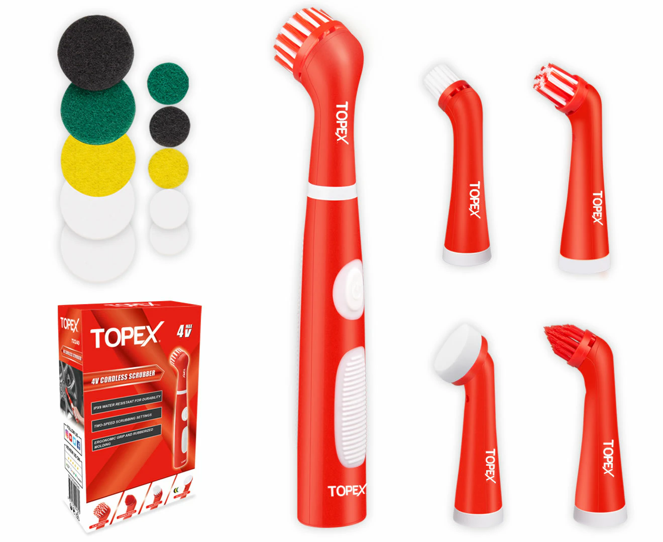 TOPEX 4V MAX Cordless Scrubber with 5 Replaceable Brush Heads Power Cleaning Brush for Grout/Tile/Bathroom/Shower/Bathtub