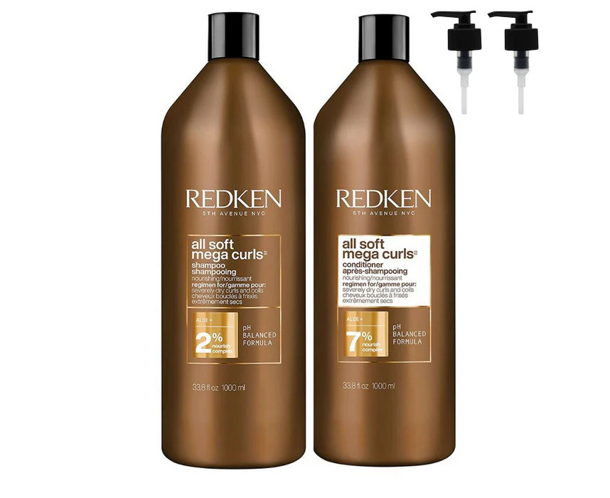 Redken All Soft Mega Curls Shampoo & Conditioner 1000ml Duo Pack + 2 x Pumps