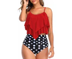 Womens Two Piece Bathing Suits Ruffled Flounce Top With High Waisted Bottom Bikini Set - Red and Black