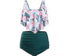 Womens Two Piece Bathing Suits Ruffled Flounce Top With High Waisted Bottom Bikini Set - Pink and Army Green