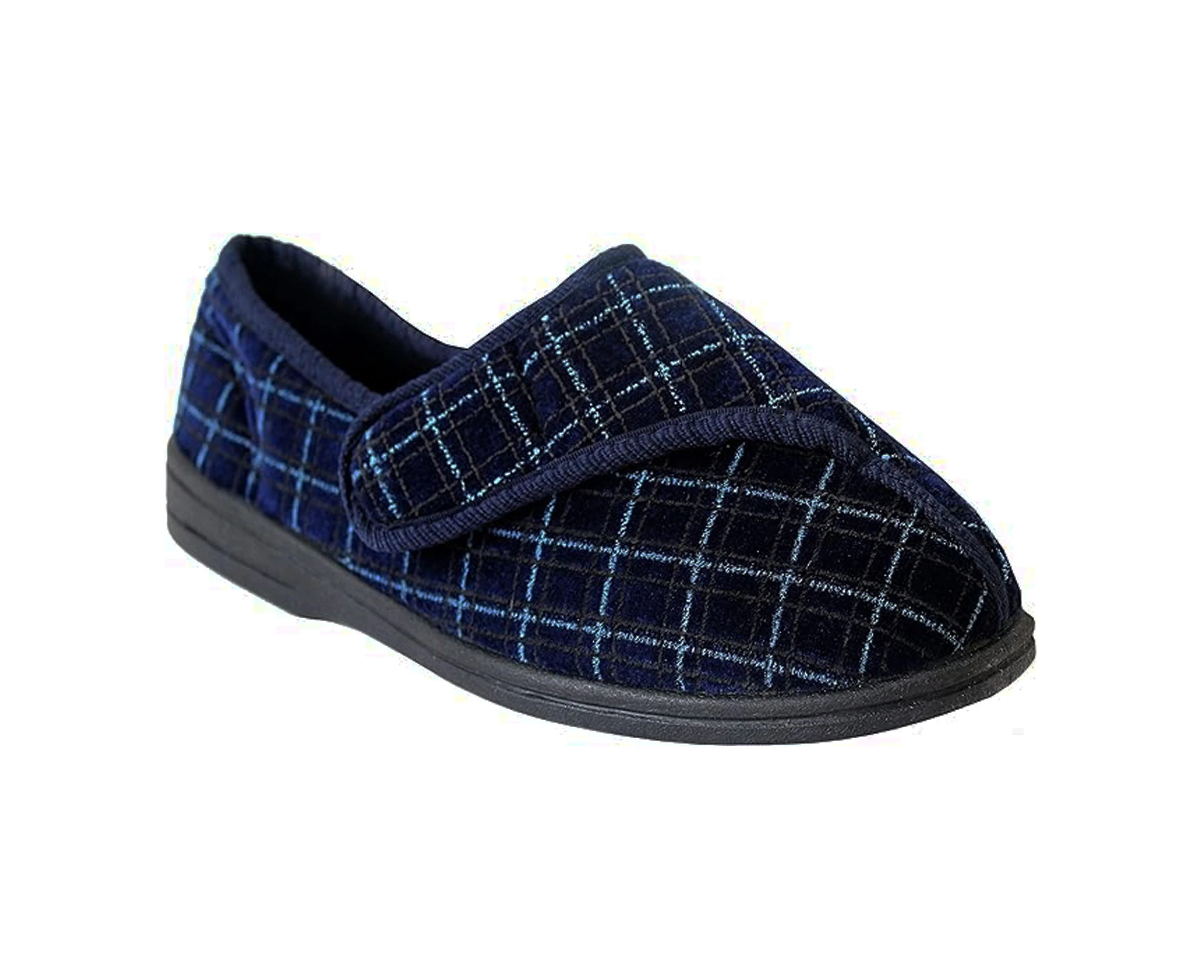 Zedzzz Mens George Touch Fastening Check Velour Slippers (Navy Blue) - DF843