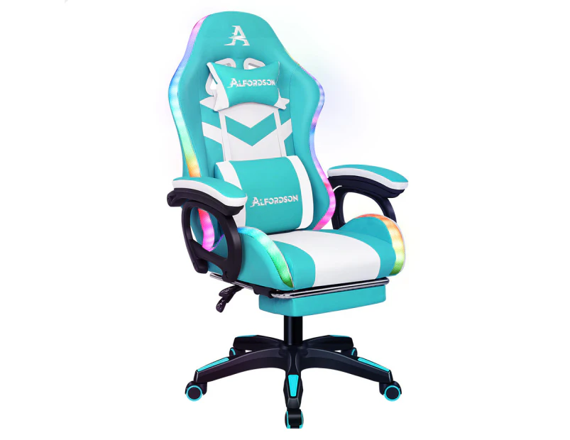 ALFORDSON Gaming Chair with 8-Point Massage 12 RGB LED Cyan & White