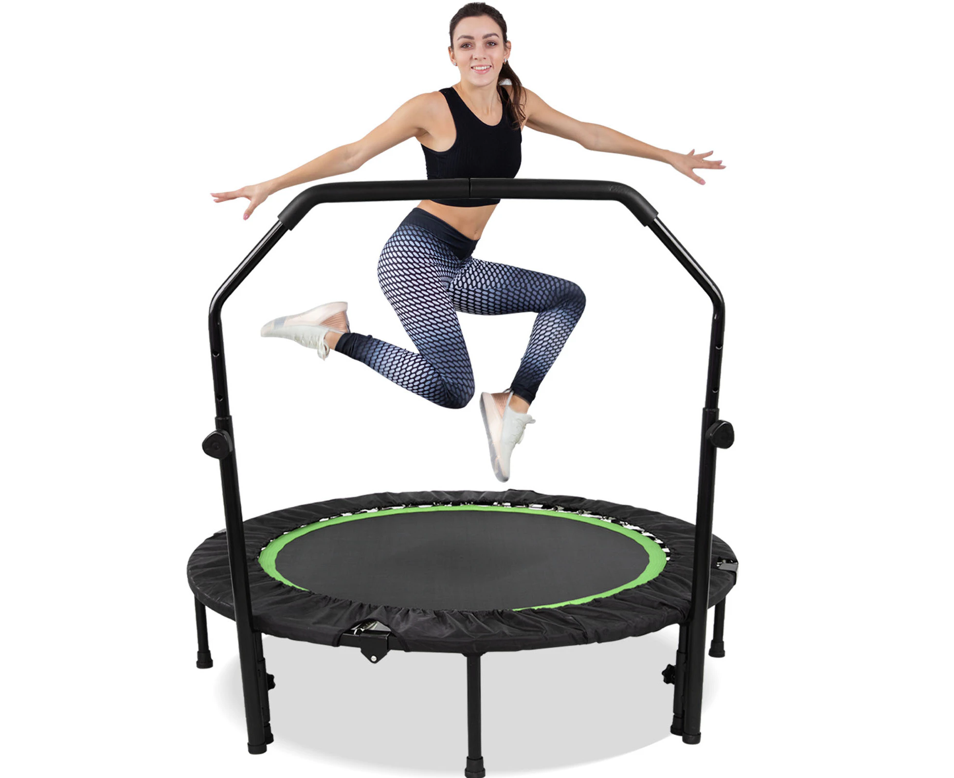 Advwin 48" Foldable Mini Trampoline Rebounder Handrail Fitness Trainer Exercise Home Green Max Load 200KG