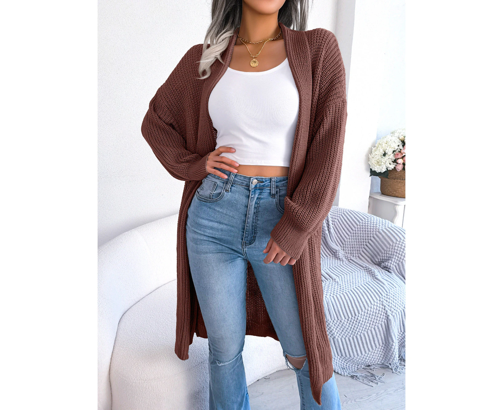 Women's Casual Lapel Long Cardigan Sweater Jacket Simple and Exquisite Oversized Loose Knitted Sweater Jumper-Coffee