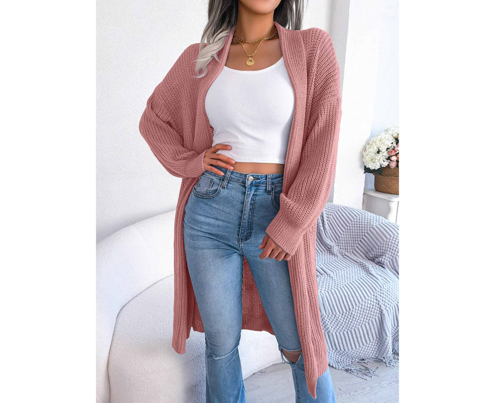 Women's Casual Lapel Long Cardigan Sweater Jacket Simple and Exquisite Oversized Loose Knitted Sweater Jumper-pink