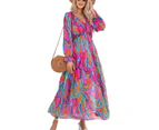 Women's long-sleeved tulle floral dress V-neck ruffled loose casual chiffon long skirt-LC613415-Flower color