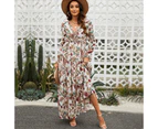 Women's long-sleeved tulle floral dress V-neck ruffled loose casual chiffon long skirt-Lc613415-apricot color