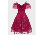 Women's Lace Halter Lace Sleeve Dress , V-neck A-line Dress Floral Slim Swing Party Dresses-pink