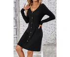Women's Ribbed Knit Dresses Waisted Long Sleeve Button Knit One-piece Dresses Fall and Winter Round Neck Pullover Sweater Dresses-Qx23666 light green