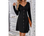 Women's Ribbed Knit Dresses Waisted Long Sleeve Button Knit One-piece Dresses Fall and Winter Round Neck Pullover Sweater Dresses-Qx23666 black