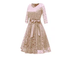 Women's Crushed Lace Prom Dresses V Neck Vintage Dresses Seven Sleeve Midi Formal Swing Dresses -Claret
