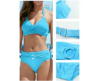 Women Bikini Set Solid Two Piece High Waist Bathing Tie Swimsuits - Blue