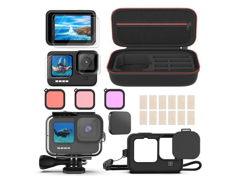 Accessories Kit for GoPro Hero 12 / Hero 10 / Hero 11 / 9, Carry Bag + Waterproof Housing Case + Screen Protector + Silicone Cover + Snorkel Filter Bundle