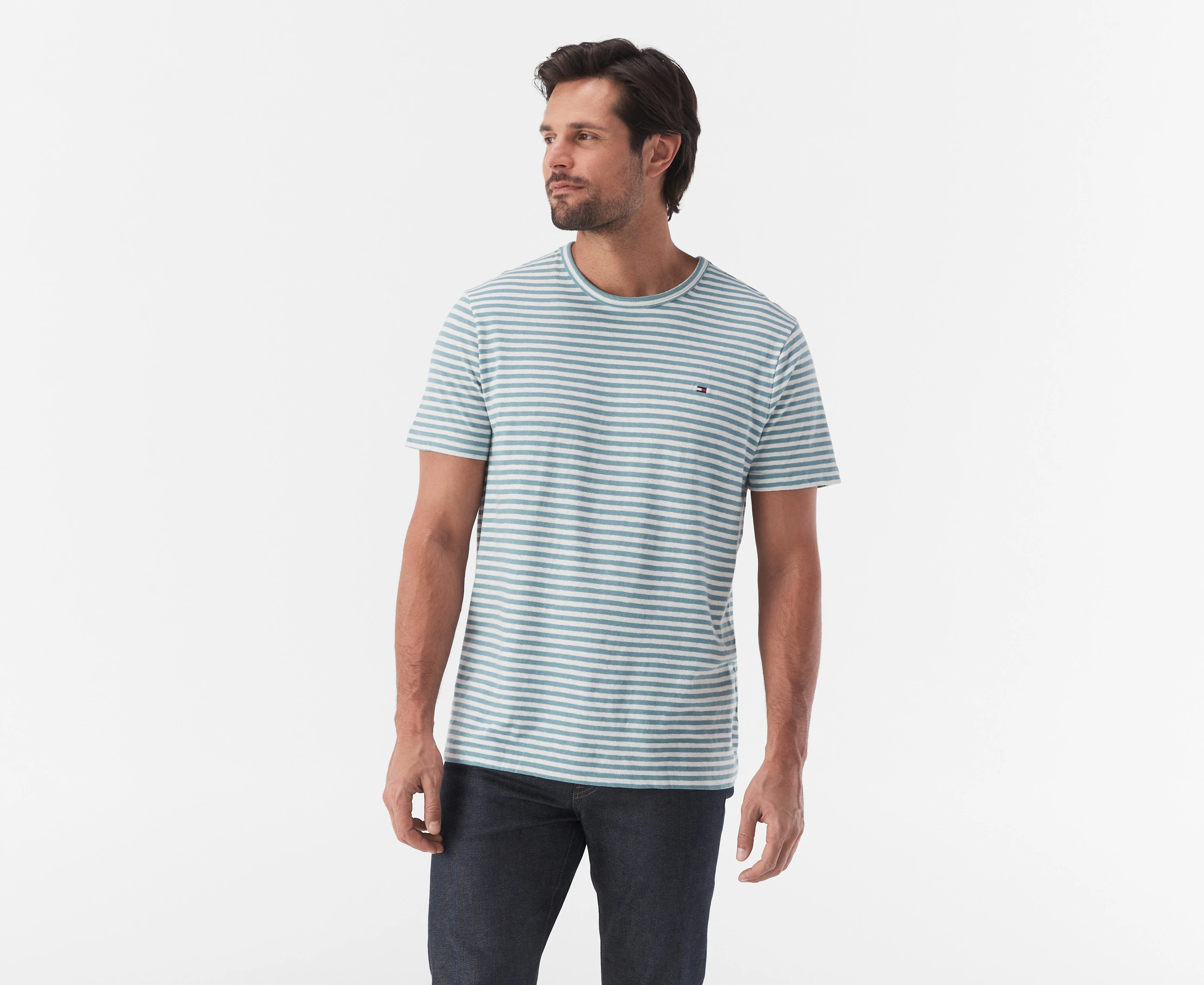 Tommy Hilfiger Men's Striped Linen Tee / T-Shirt / Tshirt - Lofty Blue