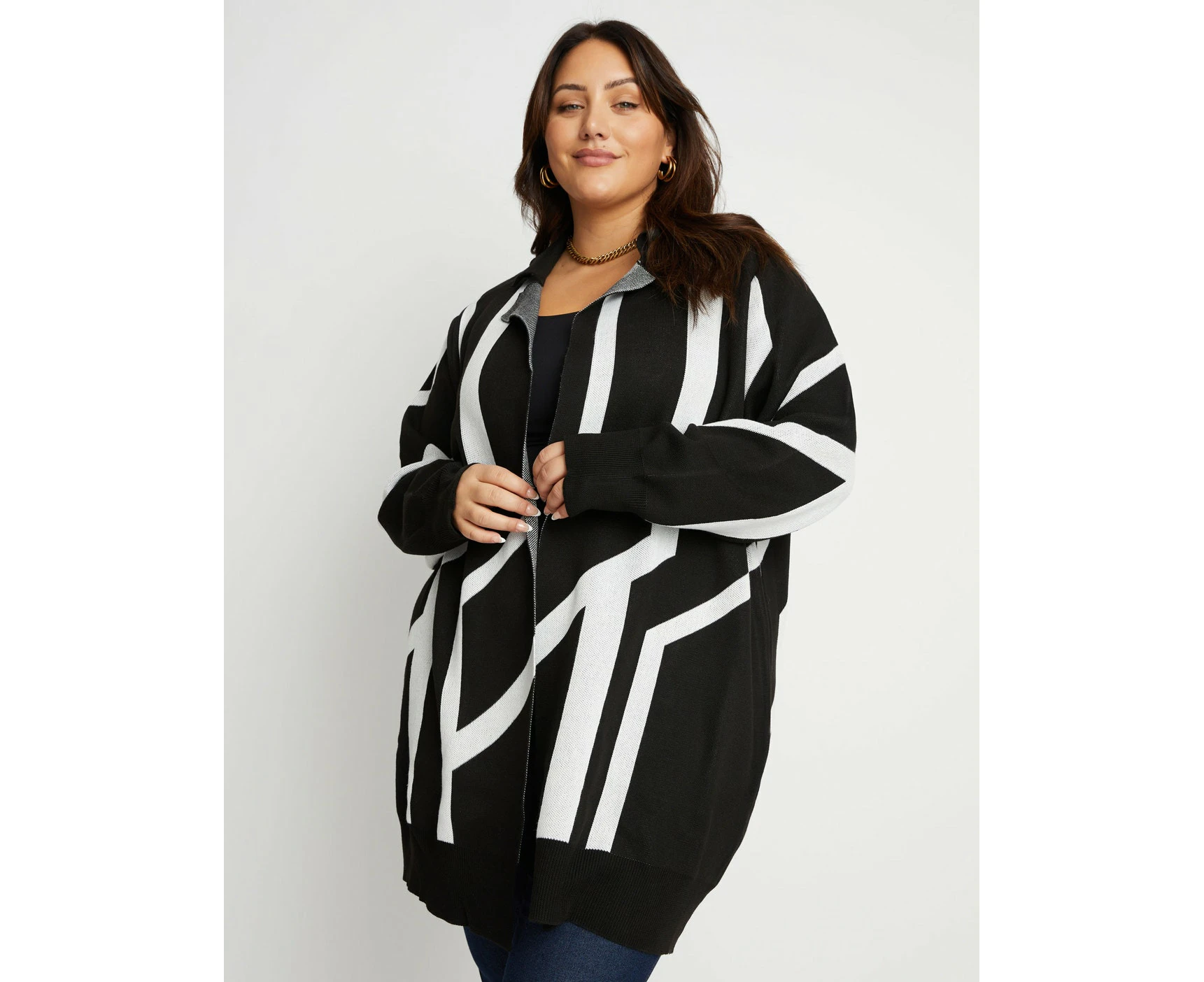 BeMe - Plus Size Womens Jumper - Long Summer Cardigan Cardi - Black Sweater - Oversized - Mono Striped - Elastane Long Sleeve - Jacquard Edge To Edge