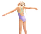 Speedo Girls' Solid Lane Line Back One Piece Swimsuit - Miami Lilac/Fake Green