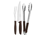 3pc Tramontina Fork/Knife/Tongs Barbecue Kitchen Tool Set Grilling Kit Brown