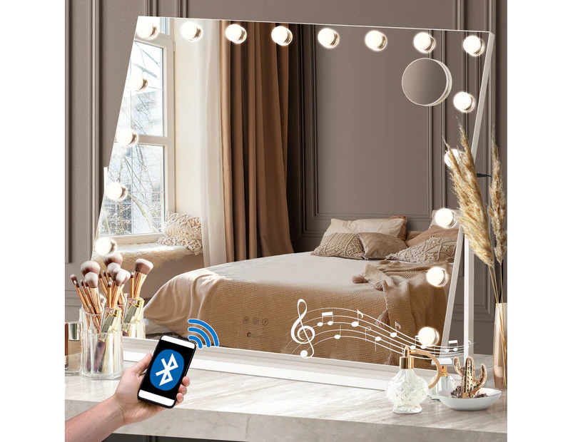 Oikiture LED Hollywood Mirrors Makeup Rotatable Mirror Magnifying Bluetooth - White