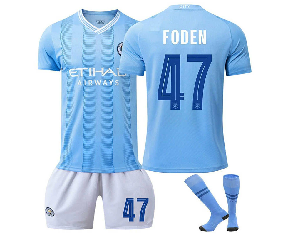 Manchester City Home FODEN #47 Soccer Jersey Kids Adult 3Pcs Kits