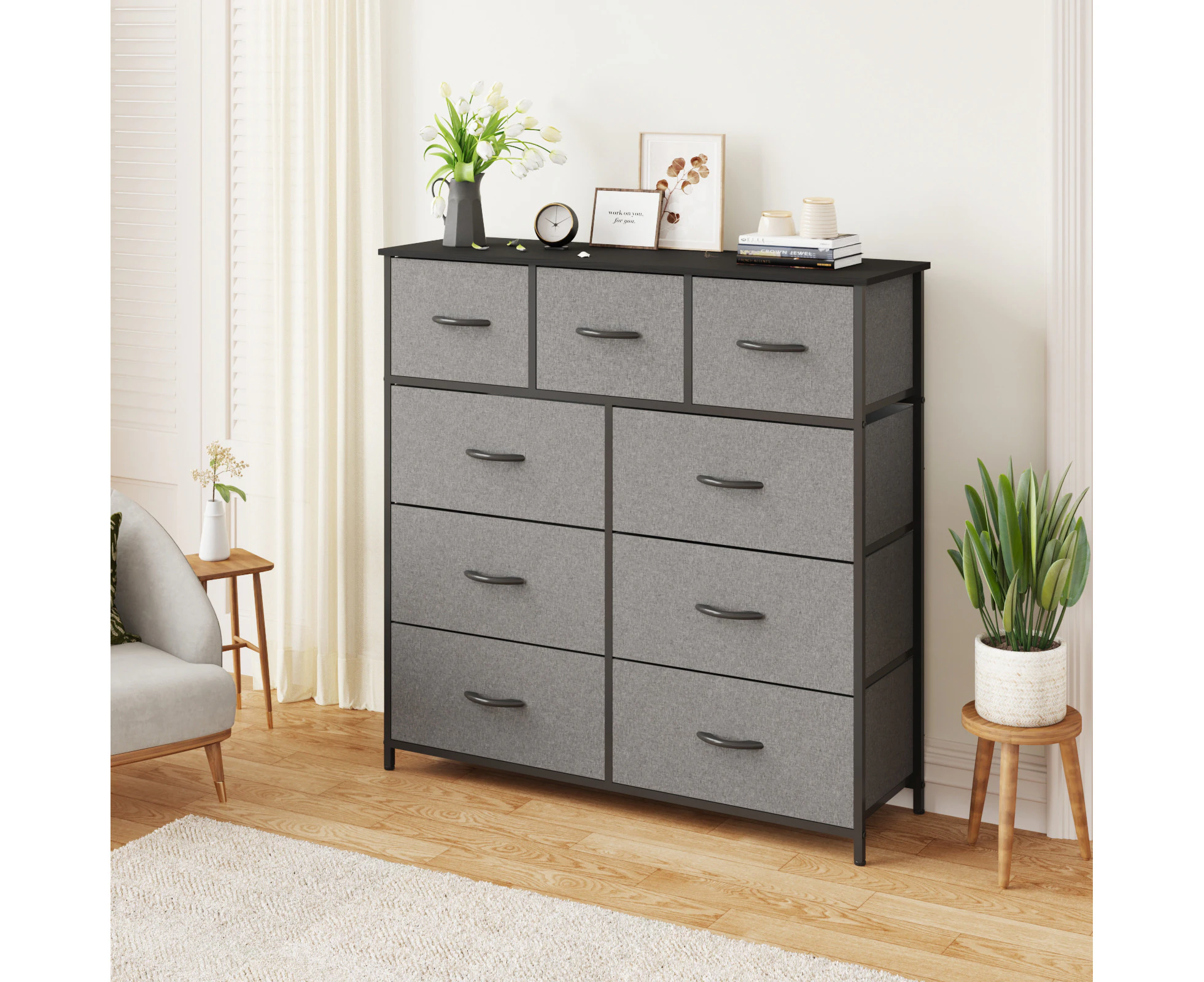 Advwin Chest of Drawers 9 Drawer Storage Cabinet Tower Tallboy Dresser Clothes Toys TV Stand Unit Storage Organizer Grey