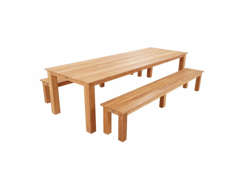 Barbados Outdoor Teak 3m Rectangle Table with 2 Bench Seats - Outdoor Teak Dining Settings -