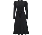 Womens Knit Dress Puff Long Sleeve Tunic Dress with Belt-Black