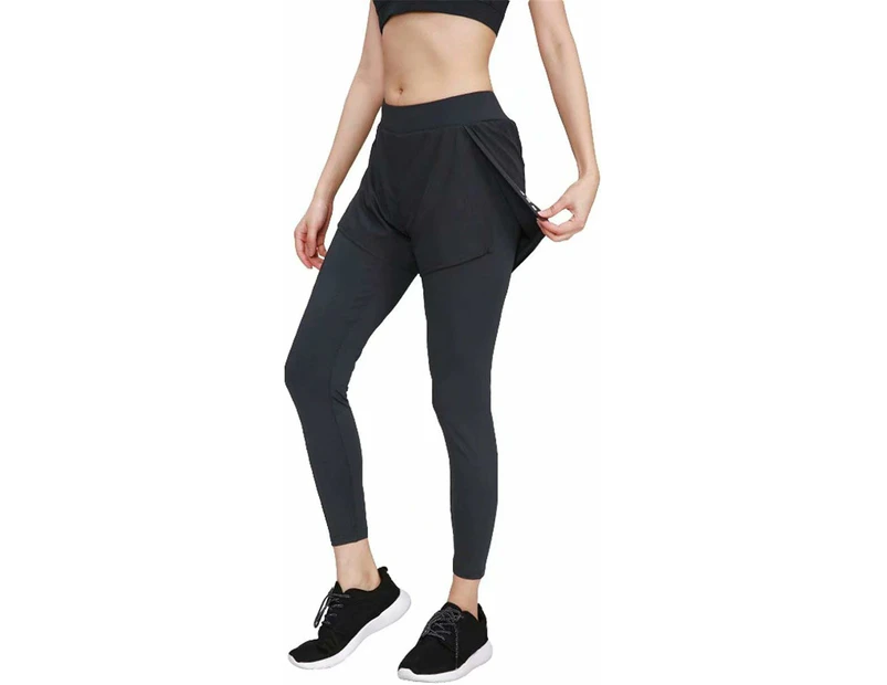 Womens Shorts Sport 2 in 1 Yoga Shorts Quick-Drying Leggings Long Trousers-Black