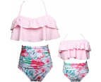 Womens Swimsuit Two Piece Women's Bikini Set Mother and Daughter Ruffle Swimwear-Pink and Flower