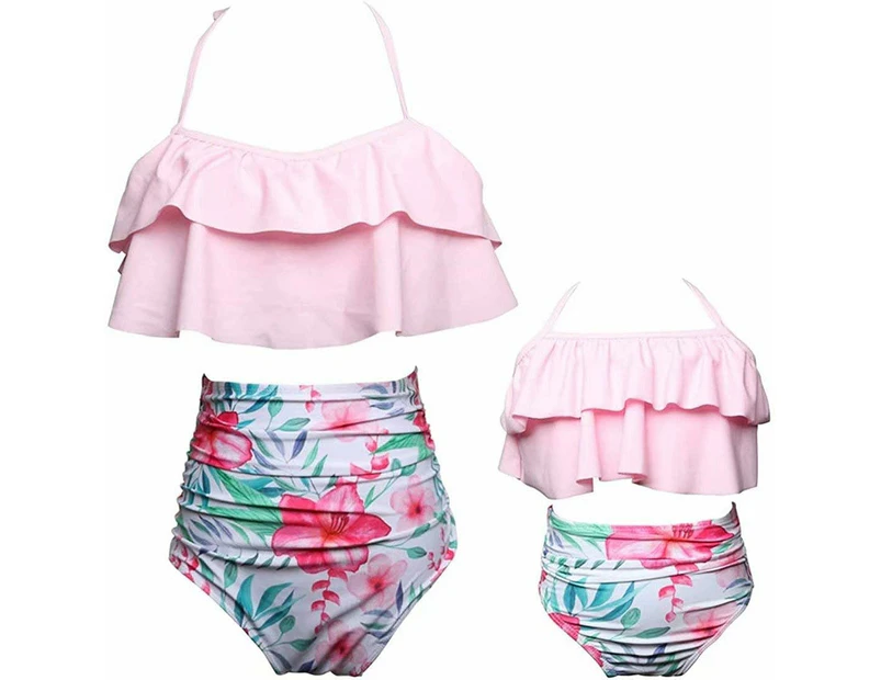 Girls' Swimsuit Two Piece Women's Bikini Set Mother and Daughter Ruffle Swimwear-Pink and Flower
