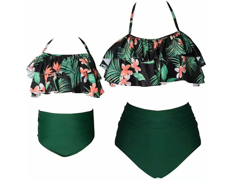 Girls' Swimsuit Two Piece Women's Bikini Set Mother and Daughter Ruffle Swimwear-Flower and Green